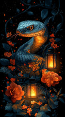 Fototapeta premium Year of the Snake: Decorative Snake with Lanterns and Blossoms