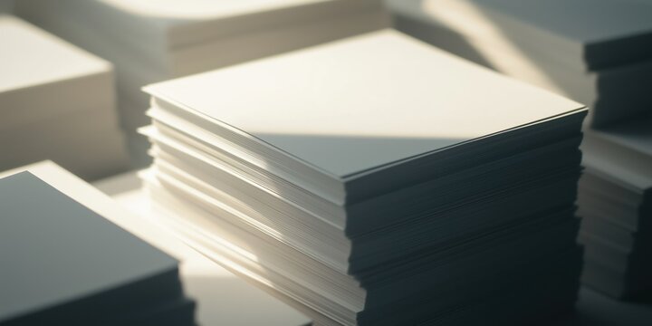 A stack of white papers with a black border. The stack is piled on top of each other