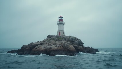 Isolated lighthouse on rocky outcrop in the sea Tranquil and resilient scene
