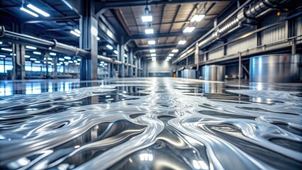 Fototapeta premium Metallic surfaces are slick with a layer of silvery slime in this industrial environment, slippery, viscous, shiny