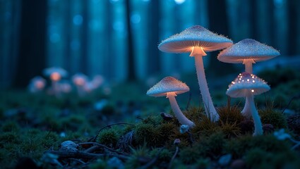 Fototapeta premium Enchanted forest with glowing mushrooms in twilight