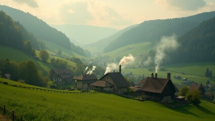 Tranquil village nestled in lush valley with smoke rising from chimneys