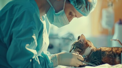 A veterinarian performing a check-up on a pet cat in a veterinary exam room against a bright, cheerful background, macro shot