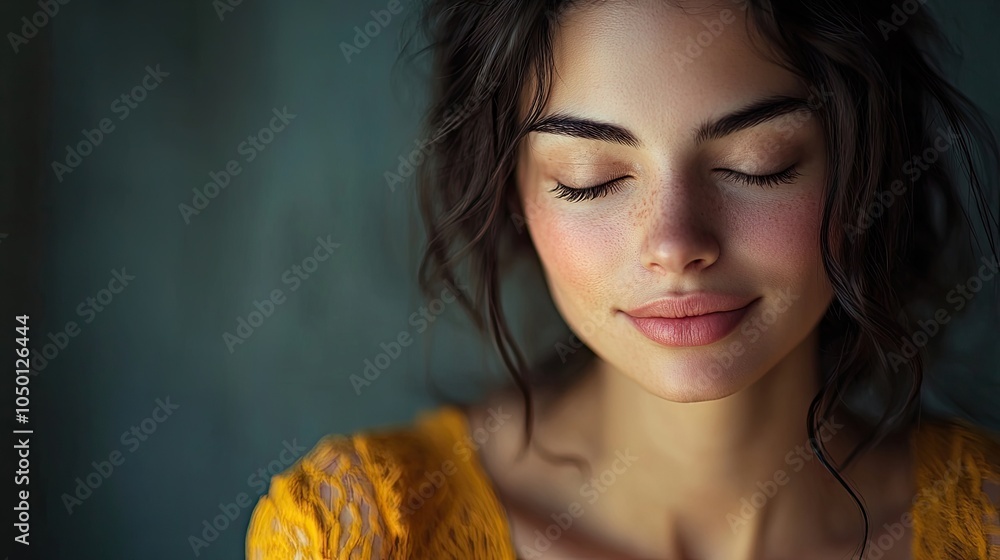 Wall mural close-up portrait of a beautiful, blissful woman wearing a yellow top, with closed eyes, embodying a