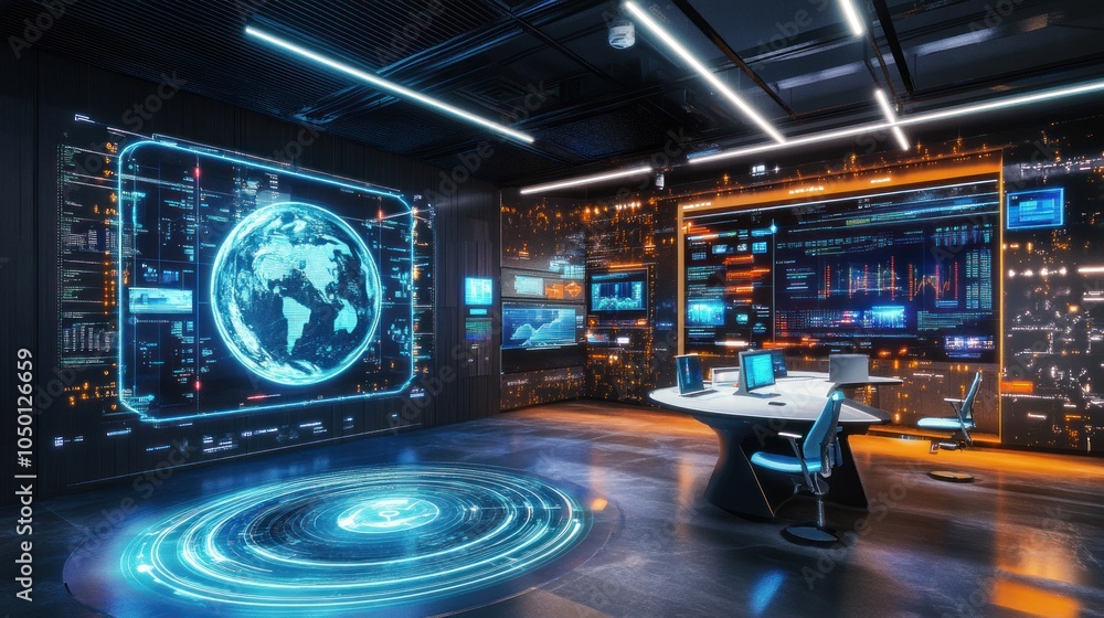 Poster futuristic control room with holographic displays and global data visualization.