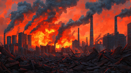 Obraz premium Panorama of the capital s industrial area, factories blending with city skyscrapers, twilight