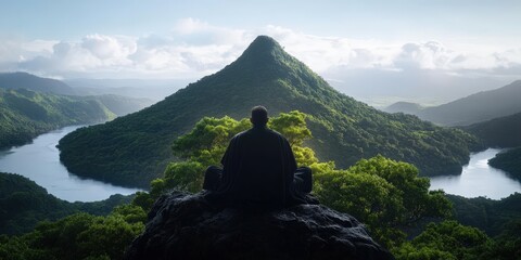 Serene Man Meditating on Mountain Peak with River Valley View