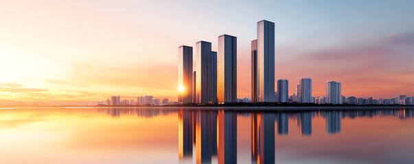 Fototapeta premium Panorama of the capital s central business area with riverside views, sunset glow on water