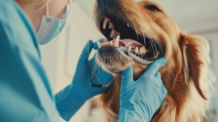 A veterinarian performing a dental cleaning on a pet dog in a veterinary clinic against a bright, cheerful background, macro shot