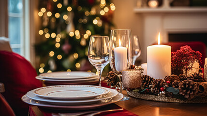 Naklejka premium Festive date night tablescape idea, dinner table setting for two and Christmas, New Year, Valentines day decor, English countryside home styling