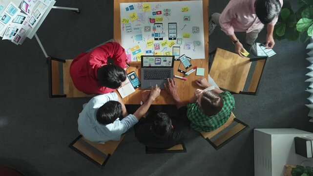 Top view of project manager using laptop working on Ux Ui design for mobile phone interface while marketing team designing software program by using brainstorming mind map. Time lapse. Convocation.