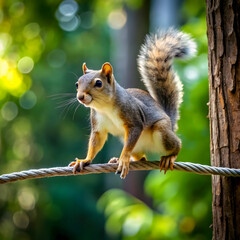 Obraz premium A daring squirrel balances on a tightrope stretched between trees.