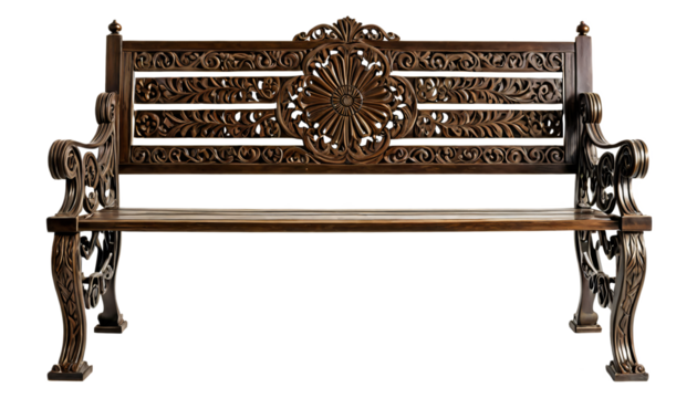 A dark brown wooden bench with intricate metal carvings, featuring a floral design