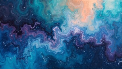 Vibrant blues purples and greens blend in cosmic swirls in a fluid acrylic pour