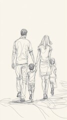 Obraz premium Family Walking Together: Sketch of a Parent and Two Children