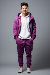 Fototapeta premium a man in purple color casual outfit standing in the studio with isolated background