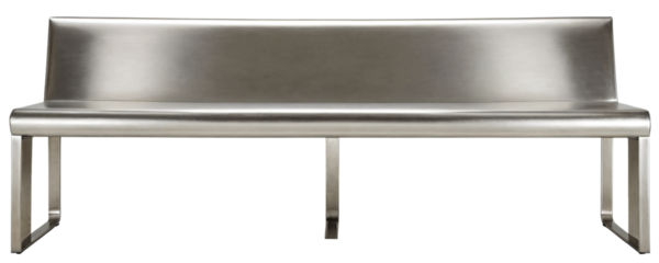 A sleek, metallic silver bench with a curved backrest and sturdy legs is centrally positioned against a white background, showcasing its sleek design and functionality
