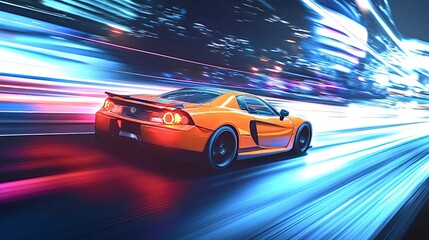Obraz premium Orange sports car speeds through city streets at night, leaving motion blur streaks. The vibrant lights create a dynamic backdrop, embodying power and luxury