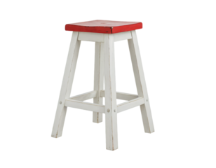 A white wooden stool with a red seat, featuring four sturdy legs and a slightly worn top, stands alone against a white background, creating a minimalist and simple design