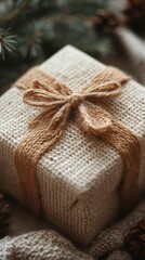 Fototapeta premium Elegant gift wrapped in delicate paper, softly blurred background, minimalistic design, inviting warmth and simplicity