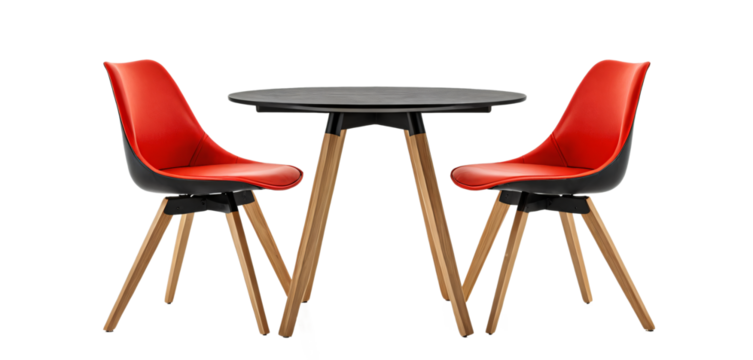 A black round table with wooden legs and red chairs with black legs is centrally positioned on a white surface, creating a balanced and harmonious scene