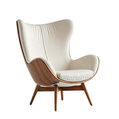 A modern, minimalist chair with a white leather cushion and wooden legs is displayed against a white background, showcasing its sleek design and harmonious color scheme