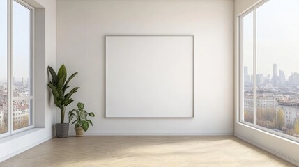 large office with blank white wall in front of panoramic window skyline view, 3D Illustration