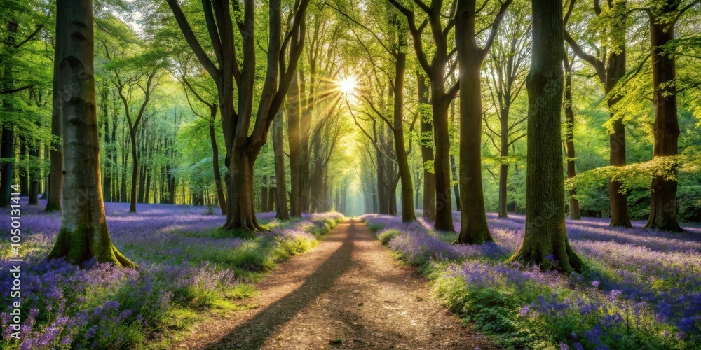 Aufkleber a sunlit pathway through a forest, illuminated by golden rays filtering through the canopy, leading 