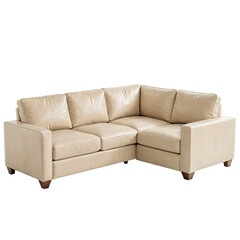 Obraz premium A beige leather sectional sofa with six cushions and a matching ottoman is displayed against a white background, showcasing its luxurious design and comfortable seating