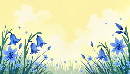 Bluebells and wildflowers on a soft yellow background, suitable for copy space