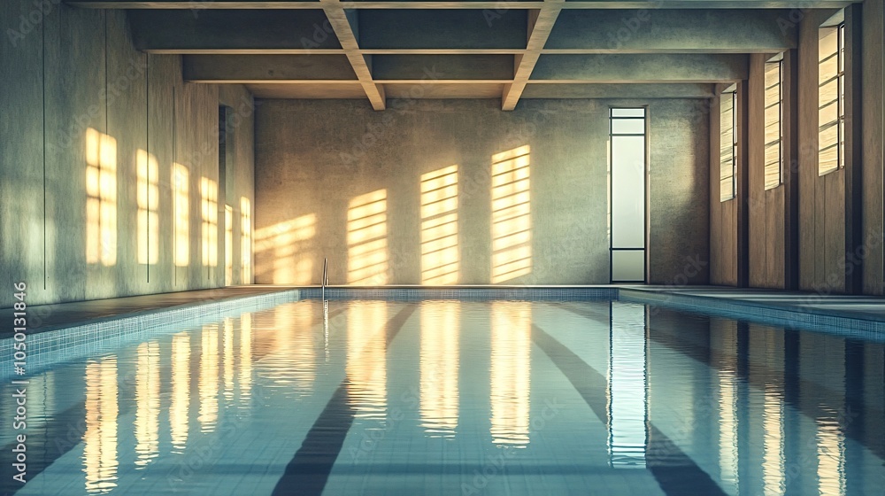 Poster sunlight streams through windows, illuminating empty indoor swimming pool, creating serene reflectio