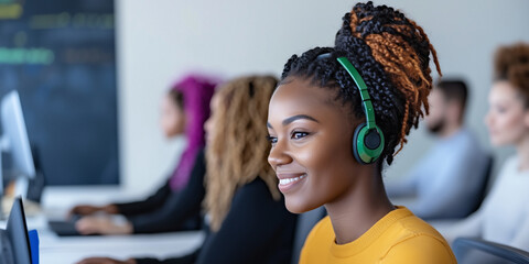 A young woman with styled braids and green headphones smiles while working at a computer in a bright, collaborative lab, embodying modern education and teamwork. Concept: collaborative learning