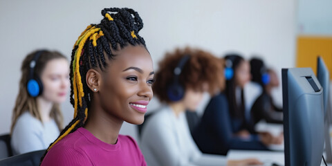 A young woman with intricate braids smiles while working on a desktop in a computer lab, surrounded by focused individuals, highlighting a diverse, tech-driven learning environment. Tech diversity