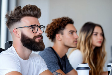 Fototapeta premium Close-up of professionals in a team meeting, showcasing unique hairstyles and expressions, emphasizing diversity and personal style in a collaborative corporate setting. Concept: corporate diversity