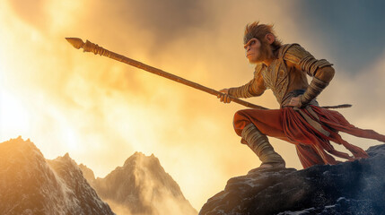 Fierce monkey warrior with a spear, heroic mood, posed on a rocky mountain landscape