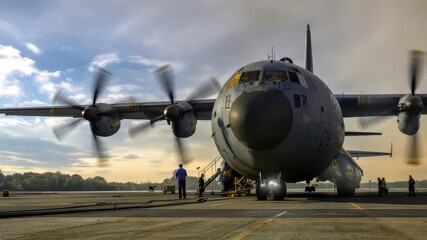 Naklejka premium Large Military Aircraft Preparing for Takeoff on a Busy Airfield with Crew Members