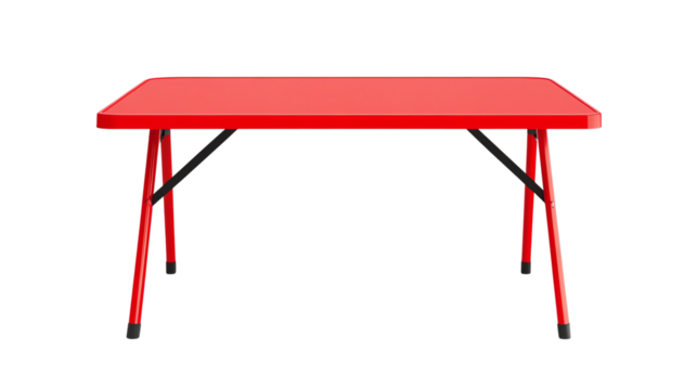 Bright red table with sturdy legs, ideal for outdoor events, picnics, and casual gatherings, adding a pop of color to any setting.