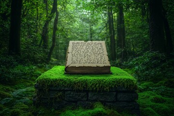 Ancient Scroll on Mossy Stone in Enchanted Forest