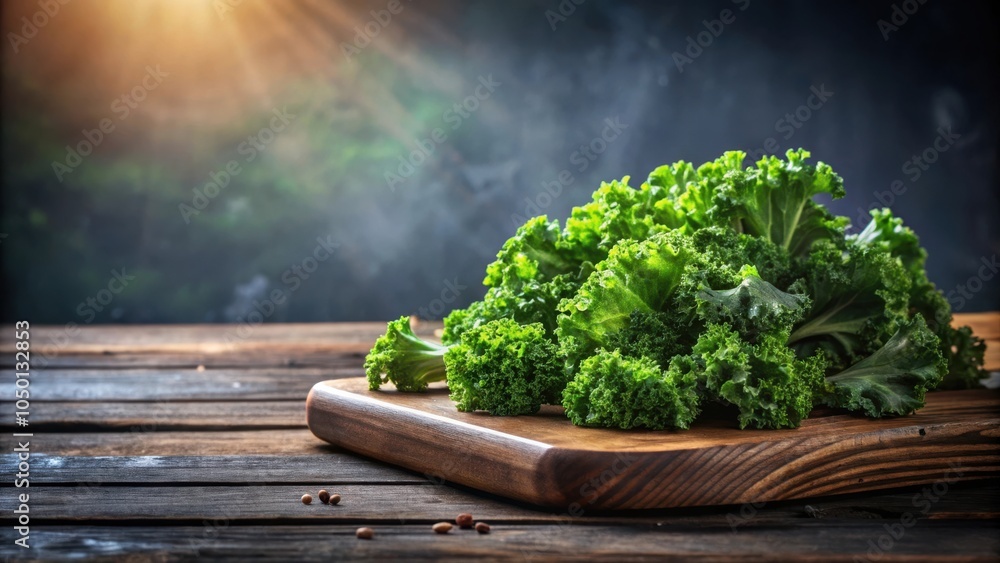 Poster a rustic wooden cutting board with fresh kale leaves, bathed in the warm glow of sunlight, creating 