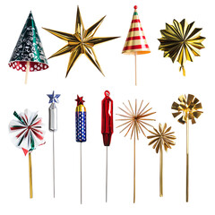 Obraz premium Colorful party decorations featuring various festive shapes for celebrations, adding sparkle and joy to any event.