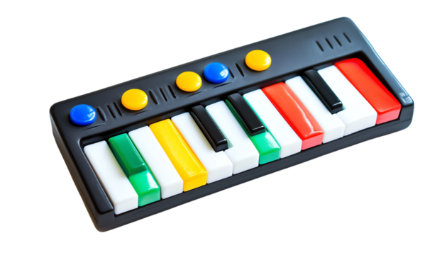Colorful toy piano keyboard with vibrant keys perfect for children to explore music and creativity.