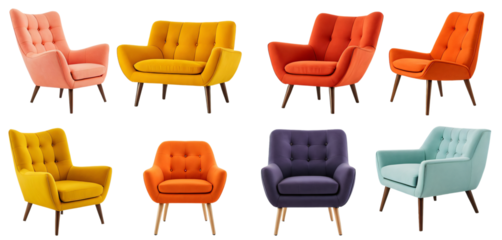 A 3x3 grid of nine unique, vintage-style chairs in various colors and styles, arranged in a 3x3 grid against a white background, showcases a harmonious blend of modern and classic design elements