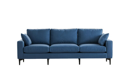 A blue leather sofa with three armrests and four cushions is centrally positioned against a white background, creating a minimalist and elegant aesthetic