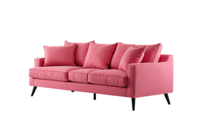 A pink leather sofa with six pillows, black legs, and a white background is the central focus of the image, with the sofa facing left and the pillows arranged in a semi-circle