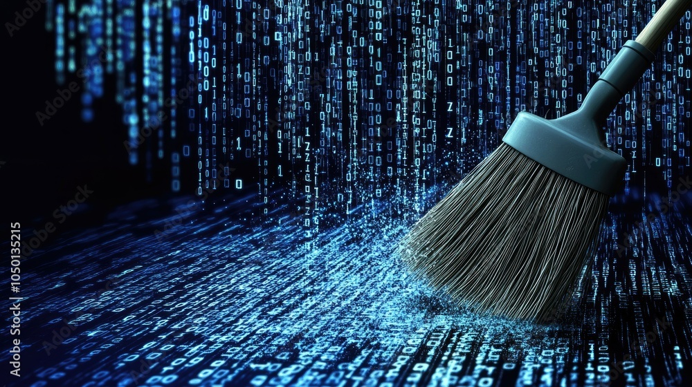 Poster digital cleaning concept: a broom sweeping away fading binary code, representing organized data and 