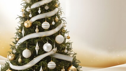 A majestic Christmas tree stands tall, adorned with elegant gold and white ornaments, garlands, and decorative accents, evoking a sense of luxury and sophistication, amidst a soft, creamy white backgr