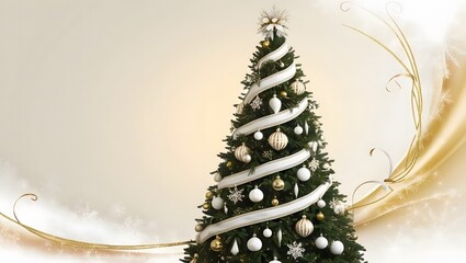 A majestic Christmas tree stands tall, adorned with elegant gold and white ornaments, garlands, and decorative accents, evoking a sense of luxury and sophistication, amidst a soft, creamy white.