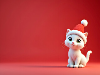 3d illustration cute white cat wearing Santa hat isolated on red background with copy space
