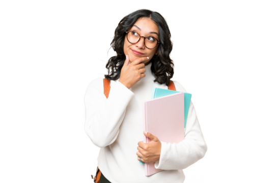 Young Argentinian student woman over isolated background and looking up