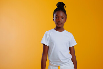 teenage girl wearing white t-shirt on bright plain background, t-shirt mockup